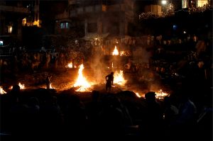 Cremation Pyres burning at the Manikaran Ghat