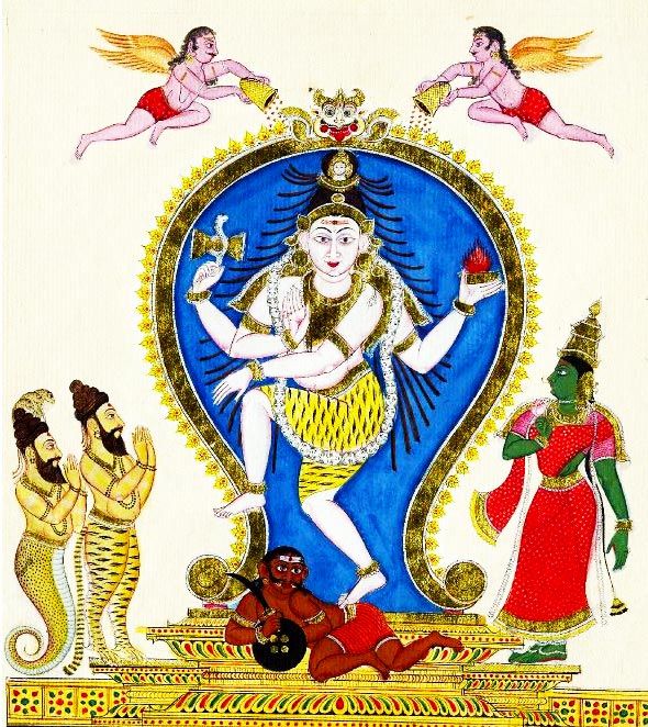 Painting showing Nataraj Shiva, with Parvati on his left and Sages Vyaghprada and Patanjali on his right.