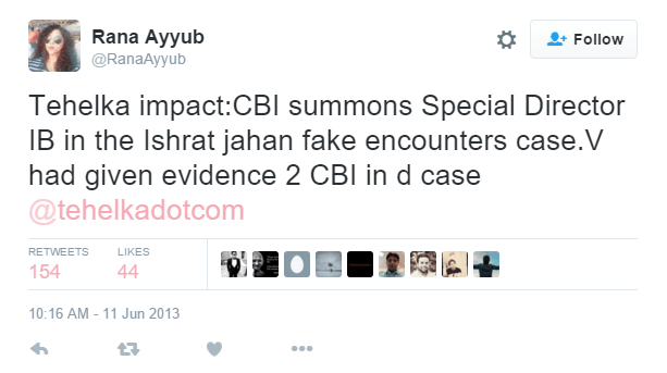 Rana Ayyub played the biggest role in media in the Ishrat Jahan cover up