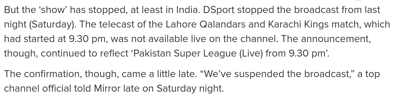 DSports, Cricbuzz and Dream11 throw out Pakistan Super League (PSL) Coverage #PulwamaAttack