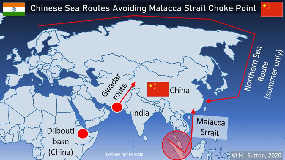 Map showing sea routes to China with Malacca Strait highlighted