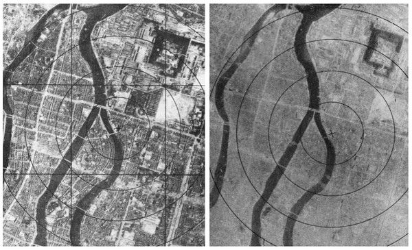 Aerial views of Hiroshima before (left) and after (right) the bombing (Public domain via Wikimedia Commons)