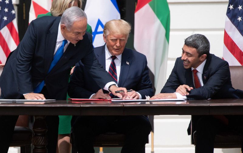 Israeli Prime Minister Benjamin Netanyahu, U.S. President Donald Trump, and UAE Foreign Minister Abdullah bin Zayed Al-Nahyan at the signing of the Abraham Accords at the White House in Washington, DC, on Sept. 15.