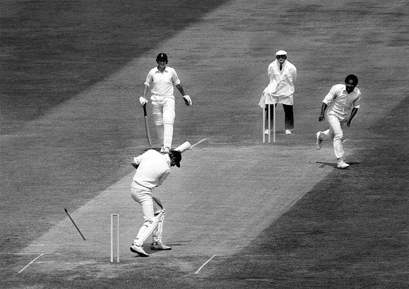 Tony Greig is bowled for a duck by Andy Roberts at Trent Bridge