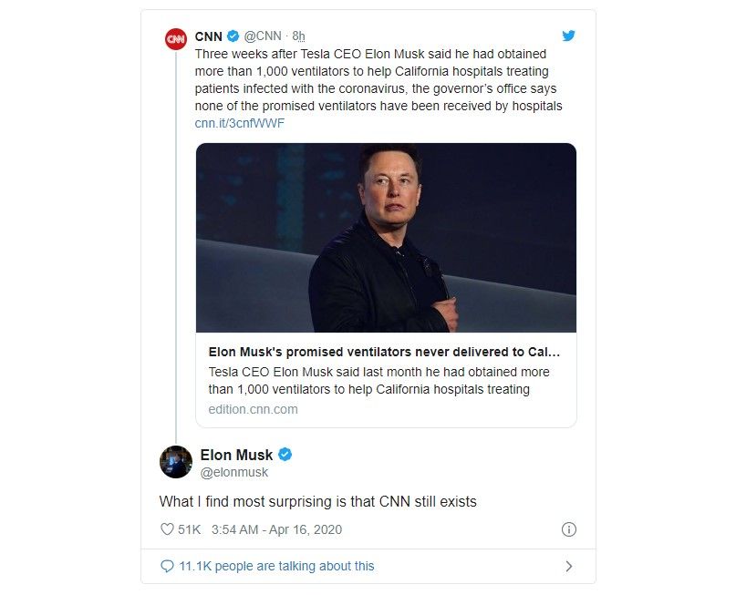Elon Musk takes CNN apart on its fake reporting